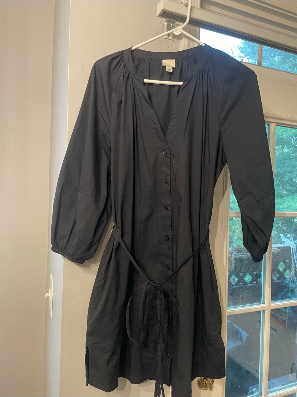 Black Button-Front Tunic Dress with Waist Tie